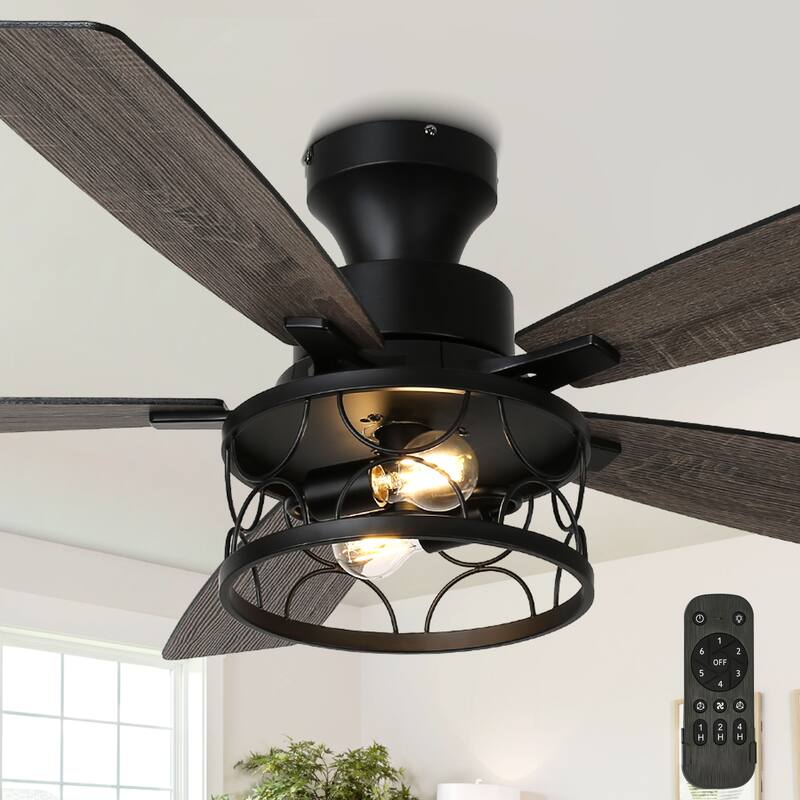 Cusp Barn 52 Inch Farmhouse Flush Mount Ceiling Fan with Lights and Remote, Industrial Low Profile Black Caged Ceiling Fan - Black