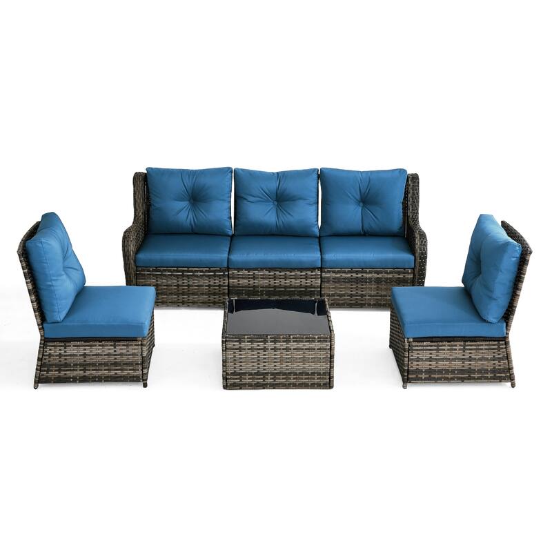 5-Person Outdoor Wicker Patio Conversation Sets with Table and Cushion