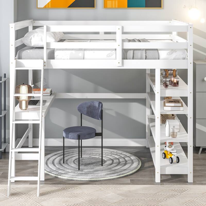 Loft Bed Full with Storage Desk Ladder and Shelves White