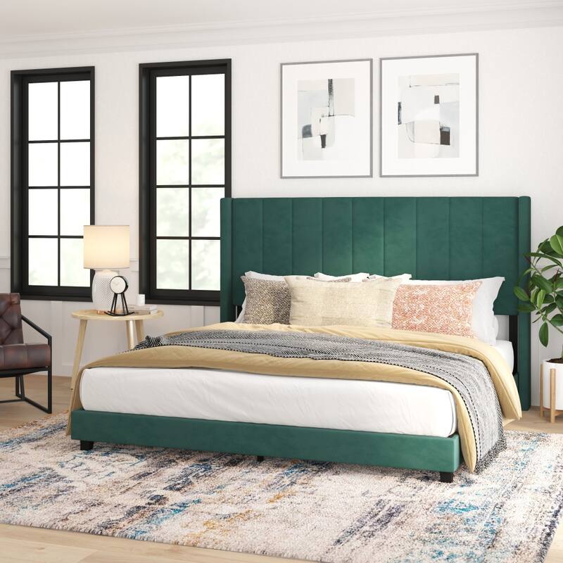 Upholstered Platform Bed with Wingback Headboard