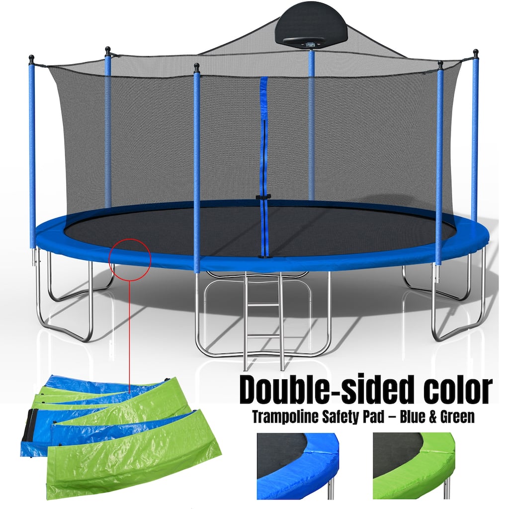 Recreational Trampoline - Safety Enclosure Net, Ladder, Double-Side Color Pad, Curved Fence Pole - Blue - 166