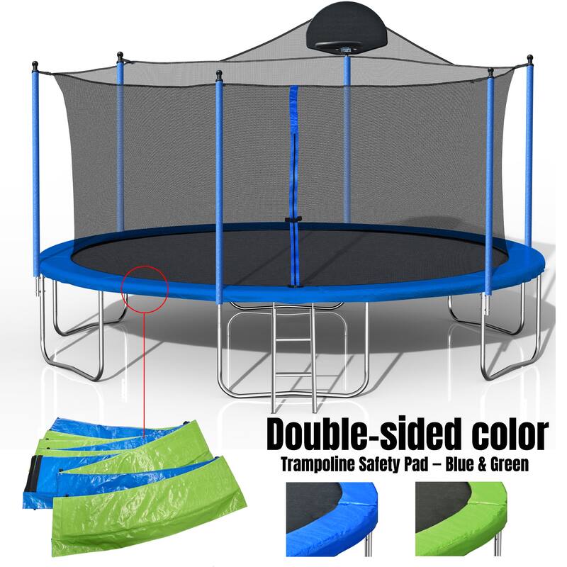 Recreational Trampoline - Safety Enclosure Net, Ladder, Double-Side Color Pad, Curved Fence Pole - Blue - 166