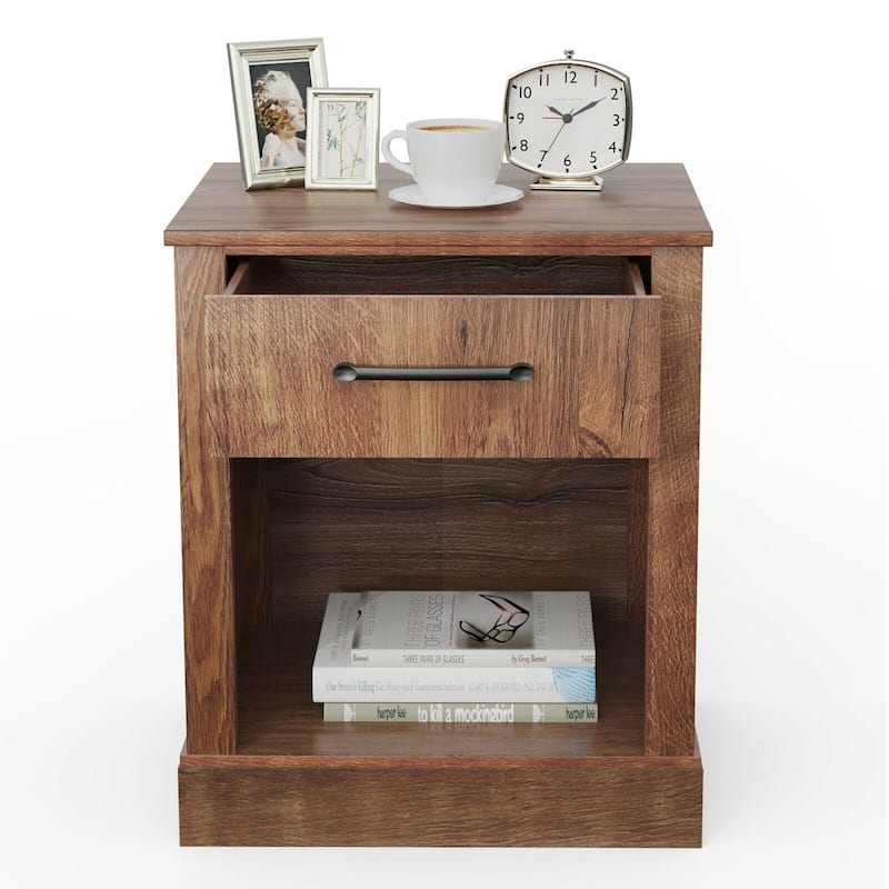 Gymax 2PCS Nightstand with Drawer and Shelf Rustic Wooden Bedside