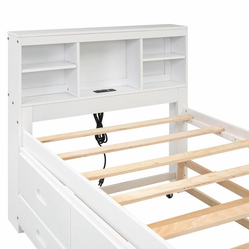 Platform Bed with Storage Headboard, USB Charging Ports, Twin Trundle, 3 Drawers