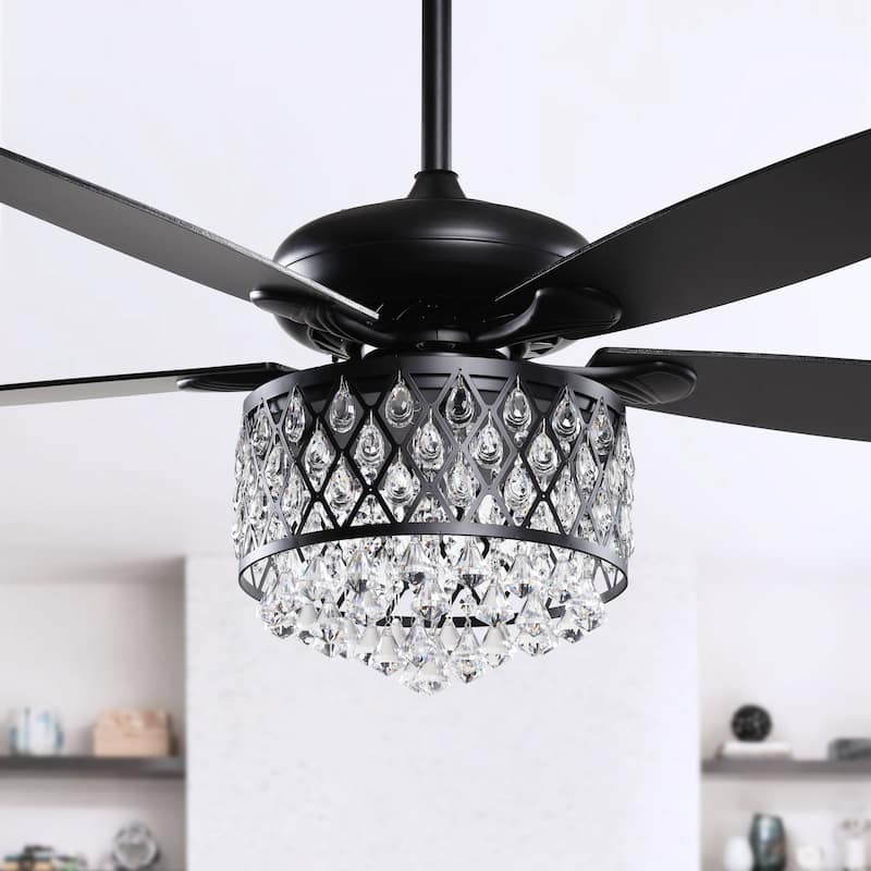 52" Indoor Black Crystal Chandelier Ceiling Fan With Light and Remote - 52"W x 52"D x 17"H