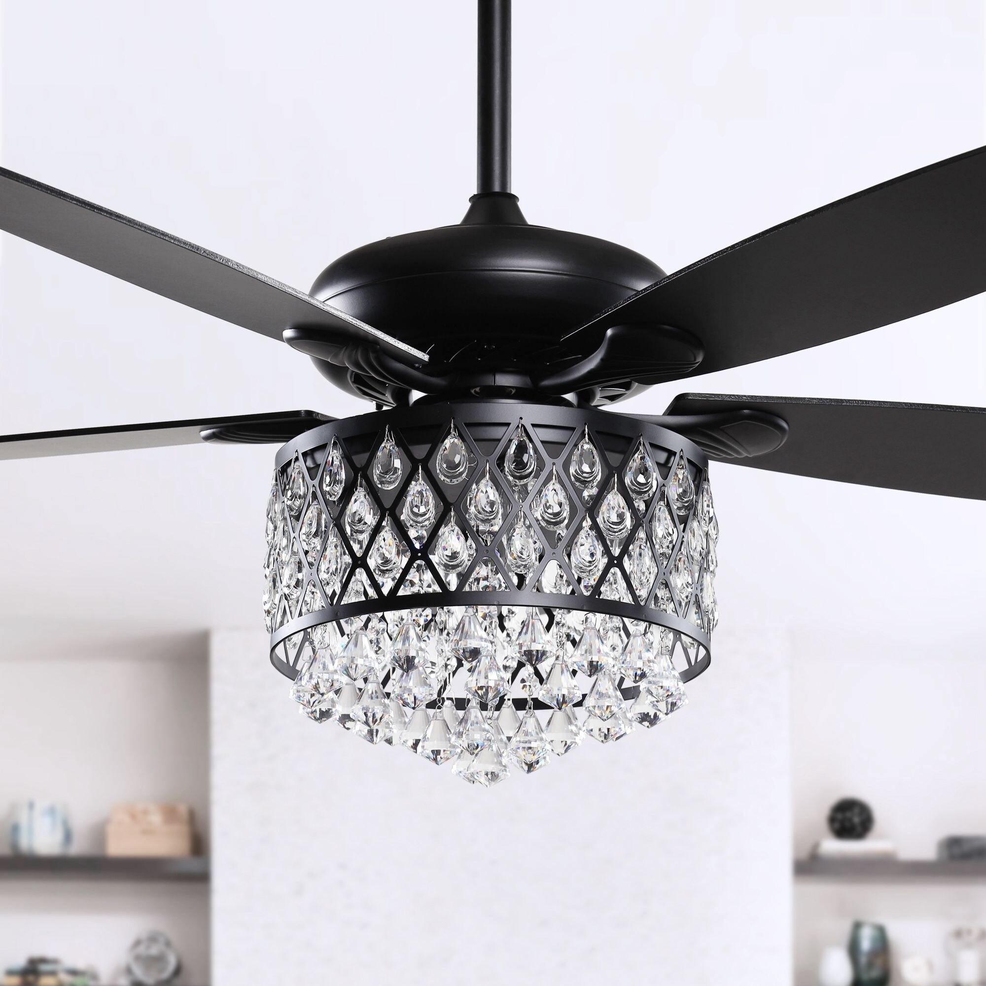 photo Black Ceiling Fan With Chandelier 52 in black 4 light crystal 5 blade ceiling fan with remote 52 inch