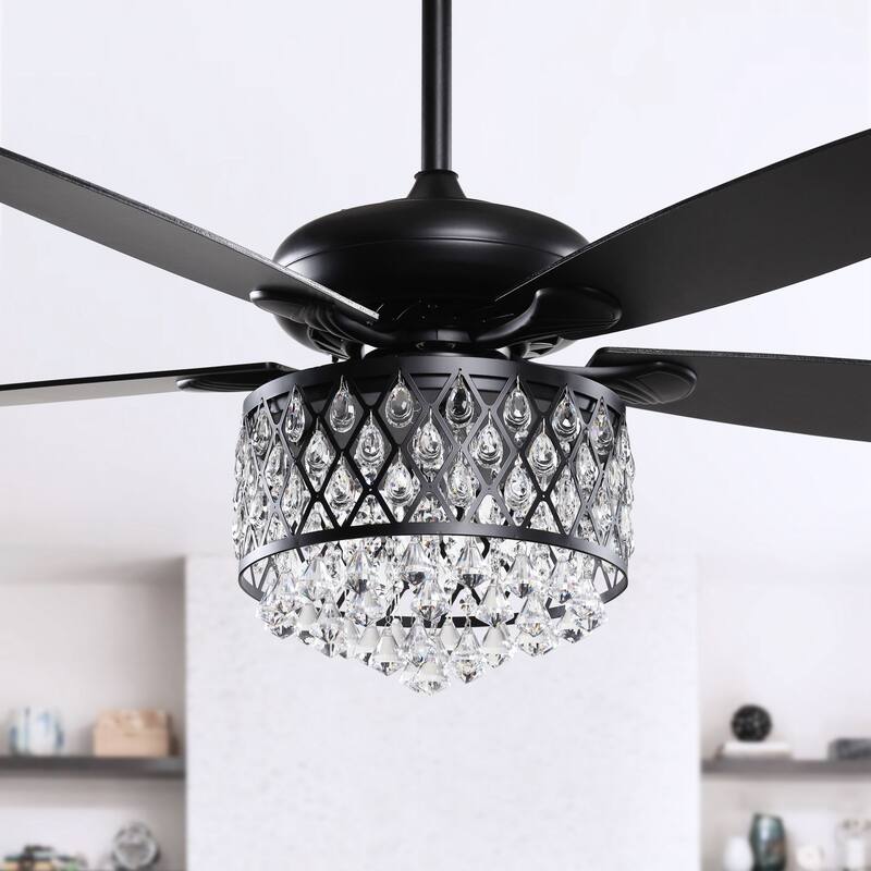 52 in. Indoor Black Crystal Chandelier Ceiling Fan With Light and Remote - 52"W x 52"D x 17"H