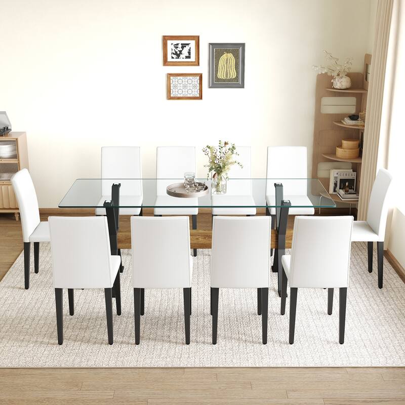 79" Dining Table Set for 10, Tempered Glass Kitchen & Dining Table with 10 Dining Chairs, Modern 11 Piece Family Dining Set