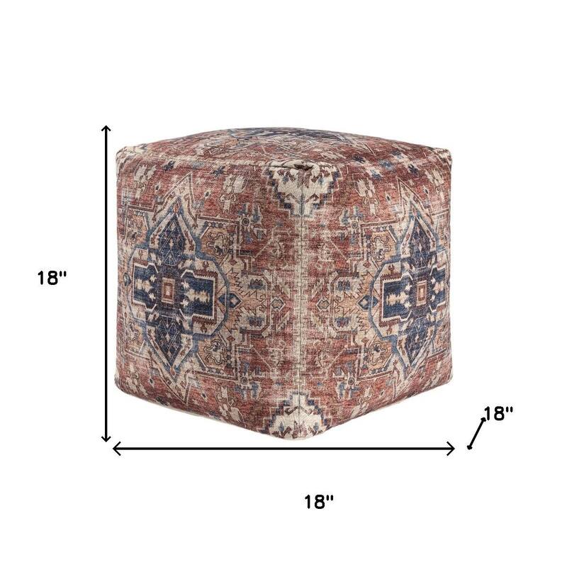 HomeRoots 18" Navy Blue and Terra Cotta Upholstered Medallion Pouf Ottoman