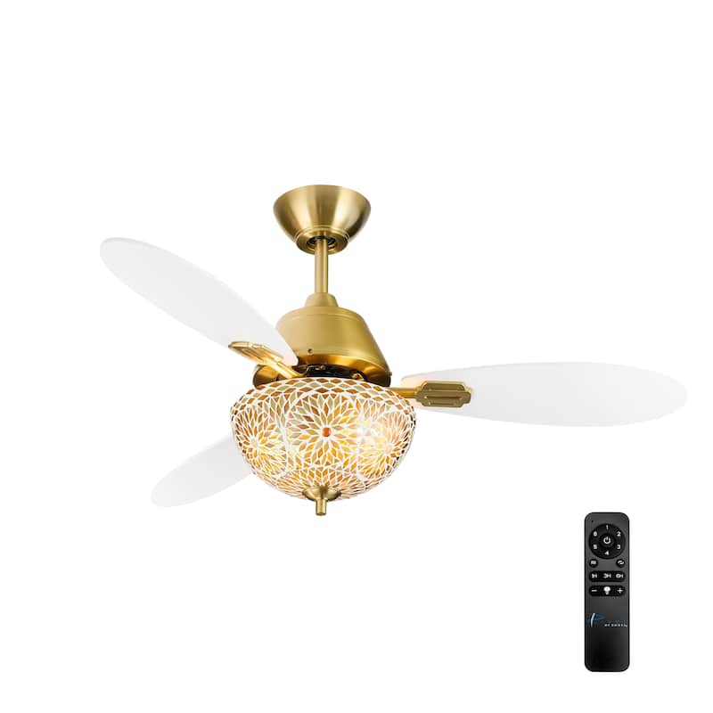 Costello River of Goods 3-blade 42-inch Modern Indoor Ceiling Fan with Mosaic Glass Shade and Remote Control - White/Gold - 42" x 42" x 18.75" - Remote