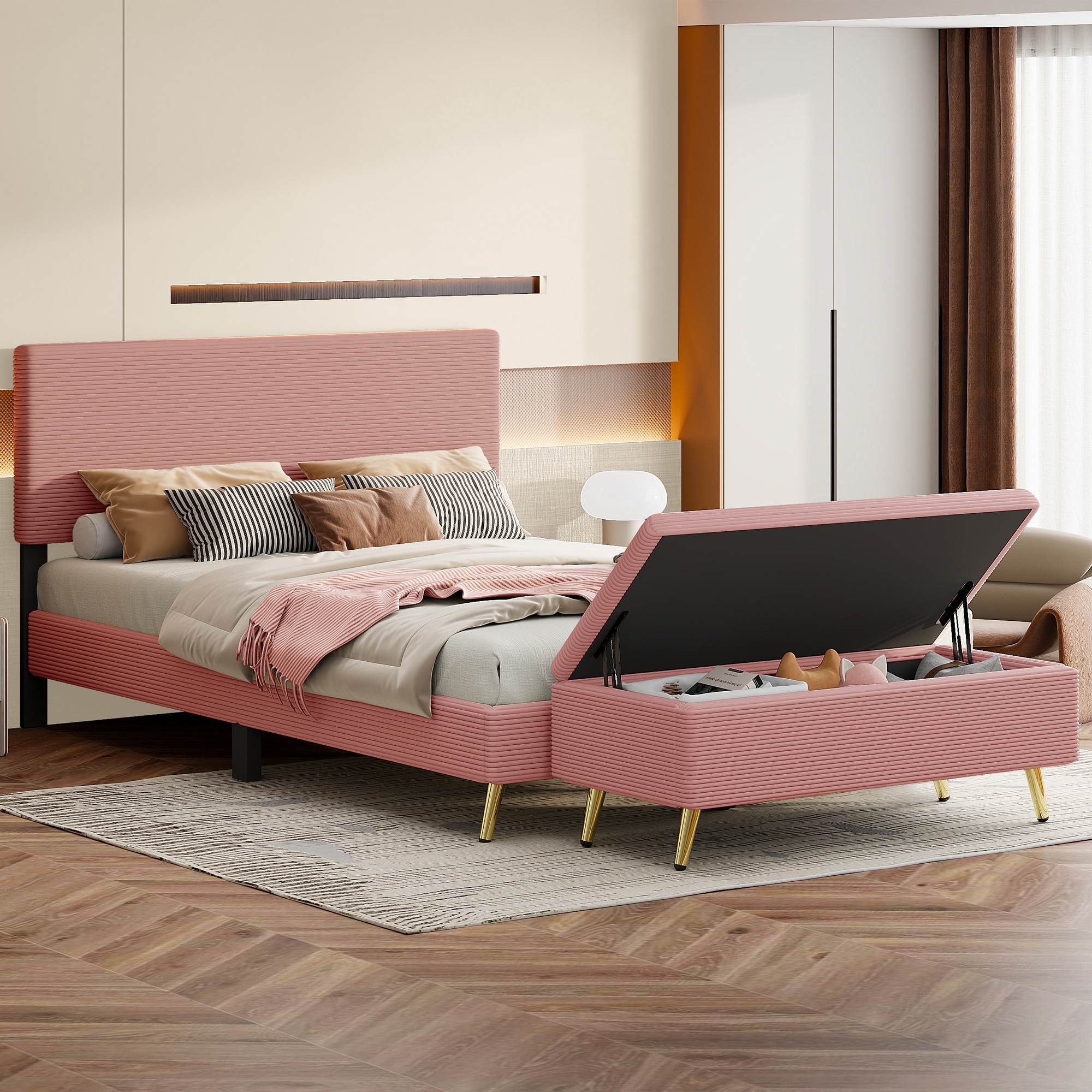 2-Pieces Modern Queen Size Wood Platform Bed with Headboard and Storage Ottoman for Bedroom