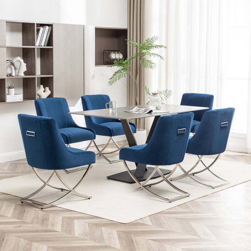 SEYNAR Contempoary Velvet Dining Chair Set of 6 with Metal Frame Legs and Back Pull - Navy