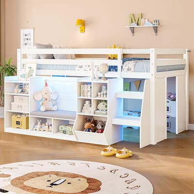 Twin Loft Bed with LED Lights and Storage Bookcase Reading Nook Secret Play Space