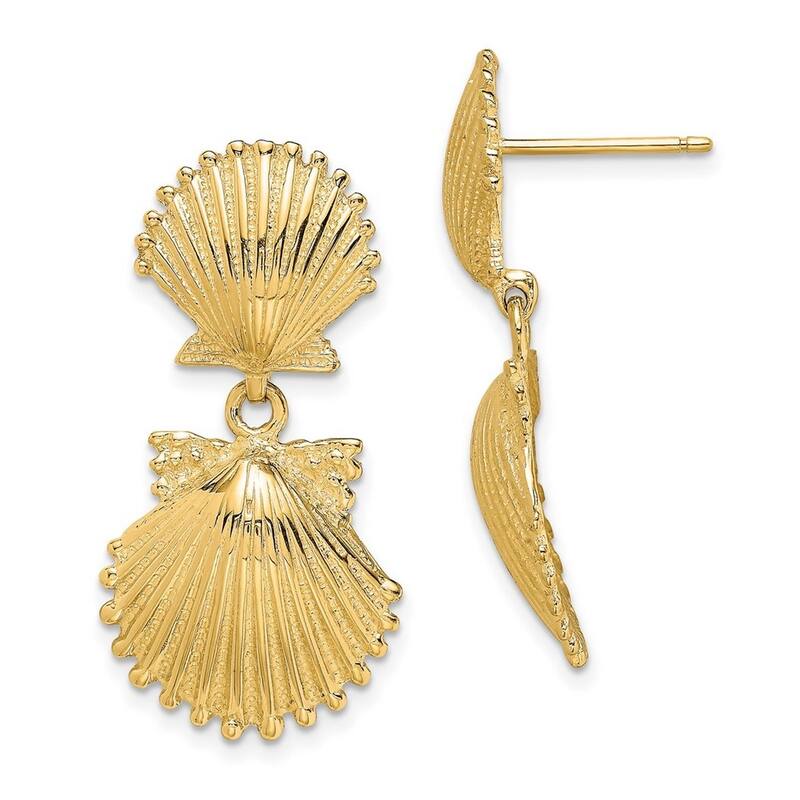 Curata 14k Yellow Gold Double Scallop Shell Long Drop Dangle Earrings 29.2x14.66mm