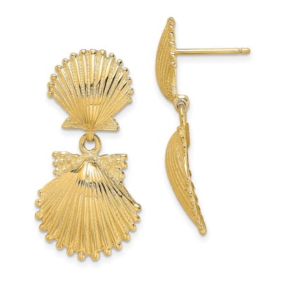 Curata 14k Yellow Gold Double Scallop Shell Long Drop Dangle Earrings 29.2x14.66mm