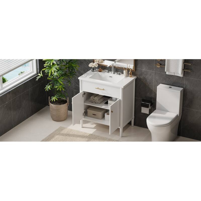 Bathroom Vanity with Ceramic Sink, Wooden Bathroom Storage Cabinet, Bathroom Cabinet with Soft Close Doors & Adjustable Shelf
