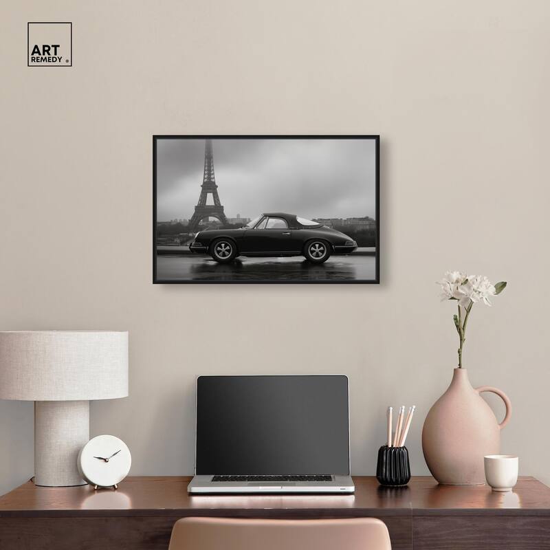 Classic Car and Eiffel Noir Canvas by Art Remedy