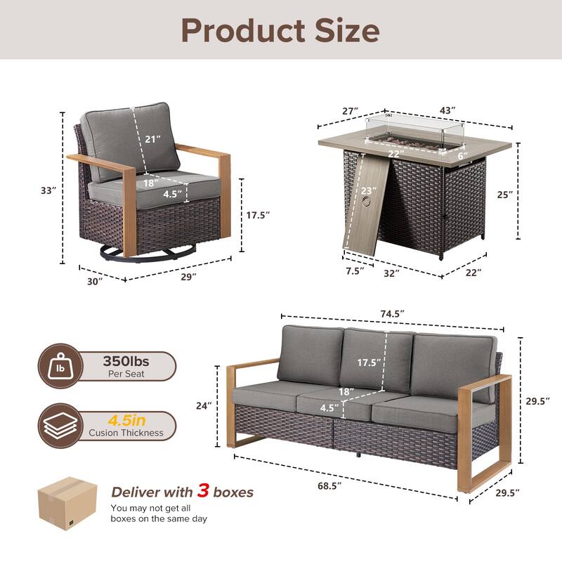 Meyreso Wicker Outdoor Patio Fire Pit Set with Swivel Gliders & 4.5" Olefin Cushions