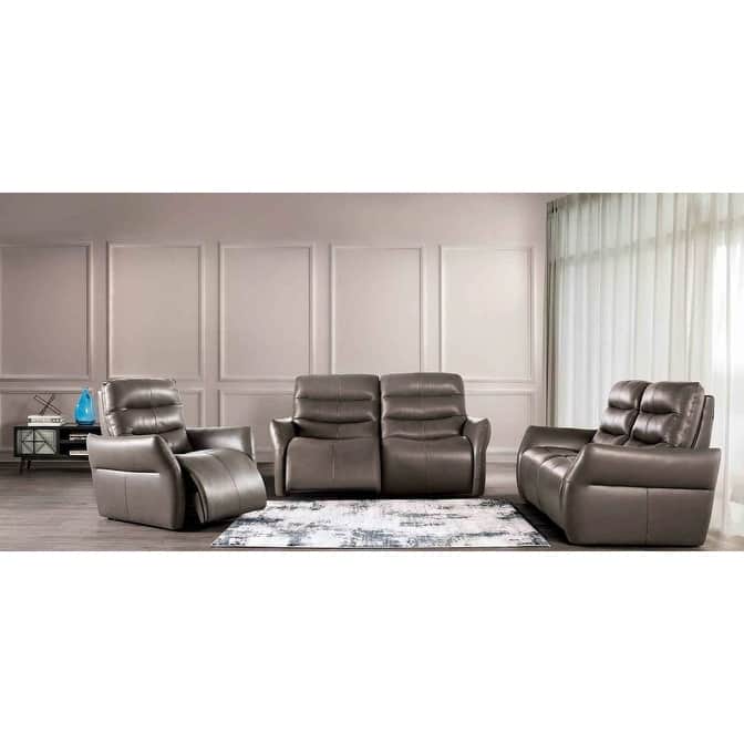 Transitional Gray Italian Leather Power Recliner Sofa Set