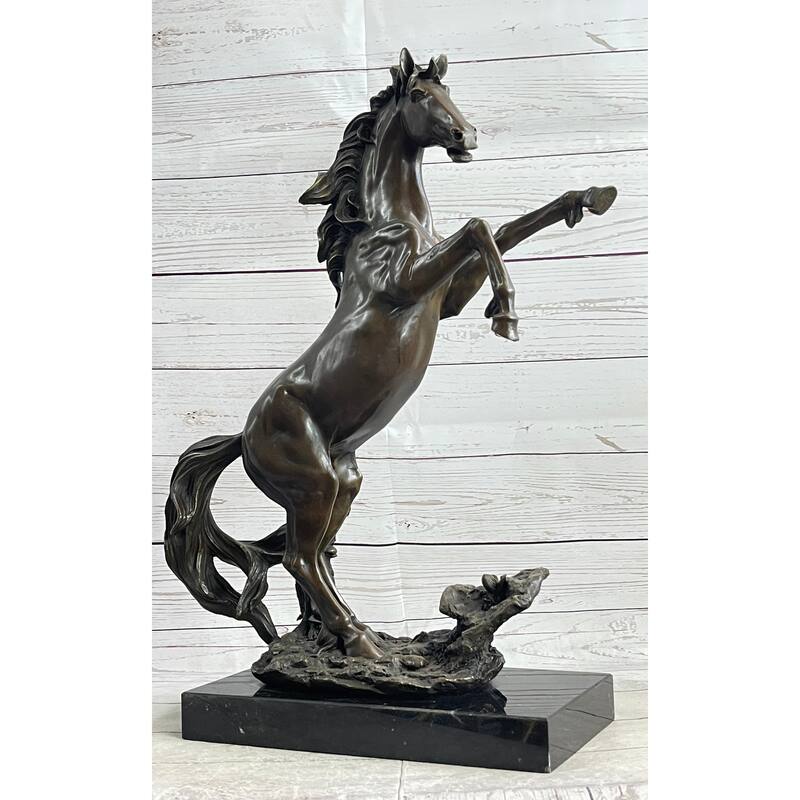 Rearing Wild Stallion Horse Bronze Statue Sculpture Figure Equestrian Horses Decor Signed Art