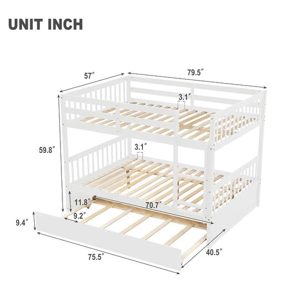dimension image slide 1 of 2, Full Over Full Bunk Bed with Trundle, Assemblable and detachable, Full Size Bunk Bed with Ladder and Safety Rails