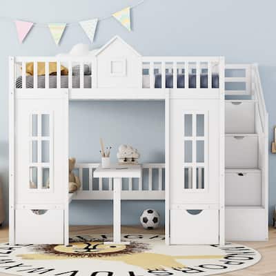 Full Over Full Convertible Loft Bed with Table, Seats, and Storage