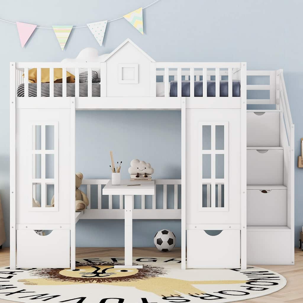 Full Over Full Convertible Loft Bed with Table, Seats, and Storage