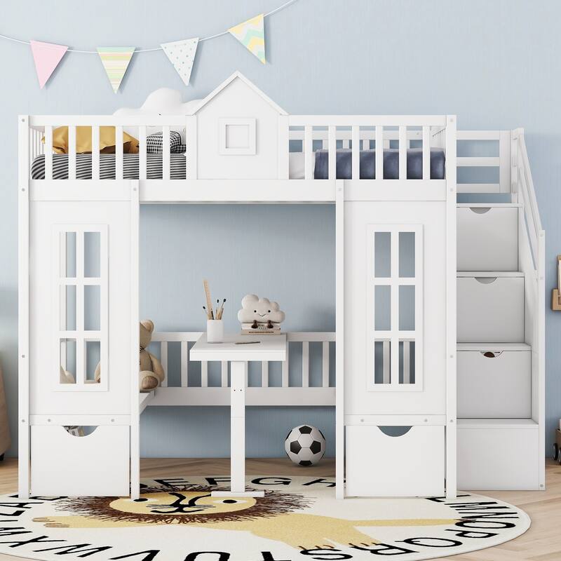 Stairway Bunk Bed with Changeable Table, Wood House Bedframe with Window & 2 Drawers, Bunk Bed Turn into Upper Bed and Down Desk - White - Full