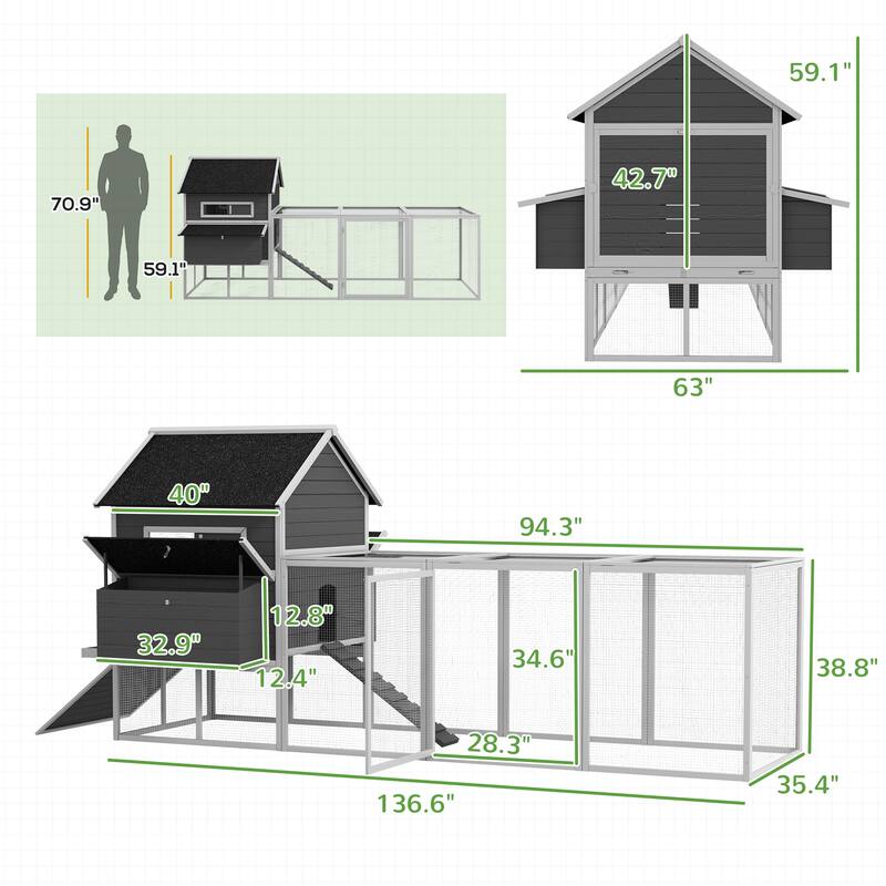 PawHut XL Solid Wood Deluxe Outdoor Lockable Chicken Coop Kit with Nesting Box and Run, Orange