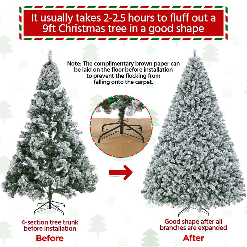 Yaheetech Pre-lit 4.5ft/6ft/7/5ft/9ft Flocked Artificial Christmas Tree with Foldable Stand, Green