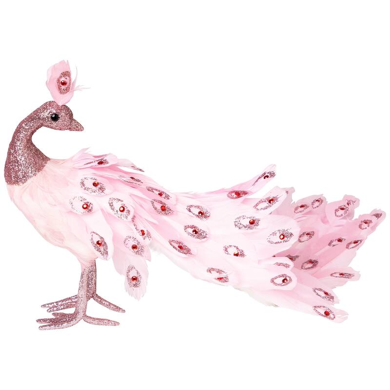 Peacock with Glitter and Faux Jewels Christmas Decoration - 20" - Light Pink