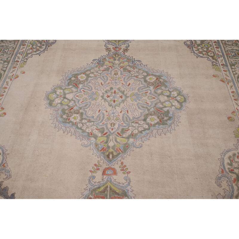 Beige Tabriz Persian Vintage Area Rug Hand-Knotted Wool Carpet - 8'8" x 10'8"