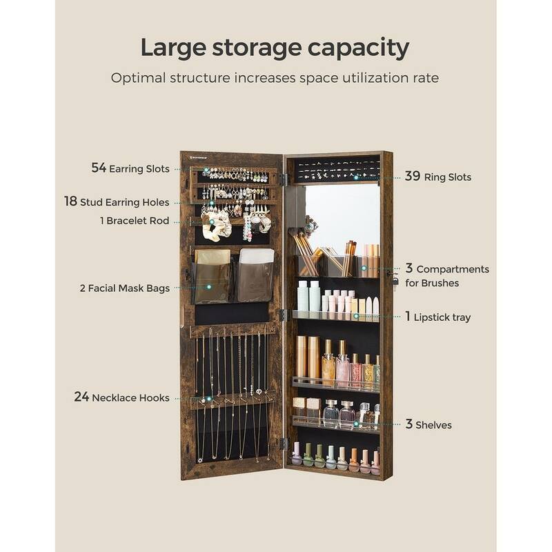 White Wooden Lockable Jewelry Cabinet Armoire with Mirror - 14.8”L x 3.8”W x 42.5”H