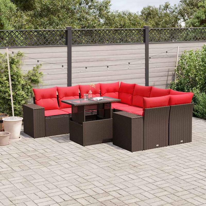 vidaXL Patio Sofa Set with Cushions Table and Couches 9 Piece Poly Rattan - 24.4 x 24.4 x 27.2