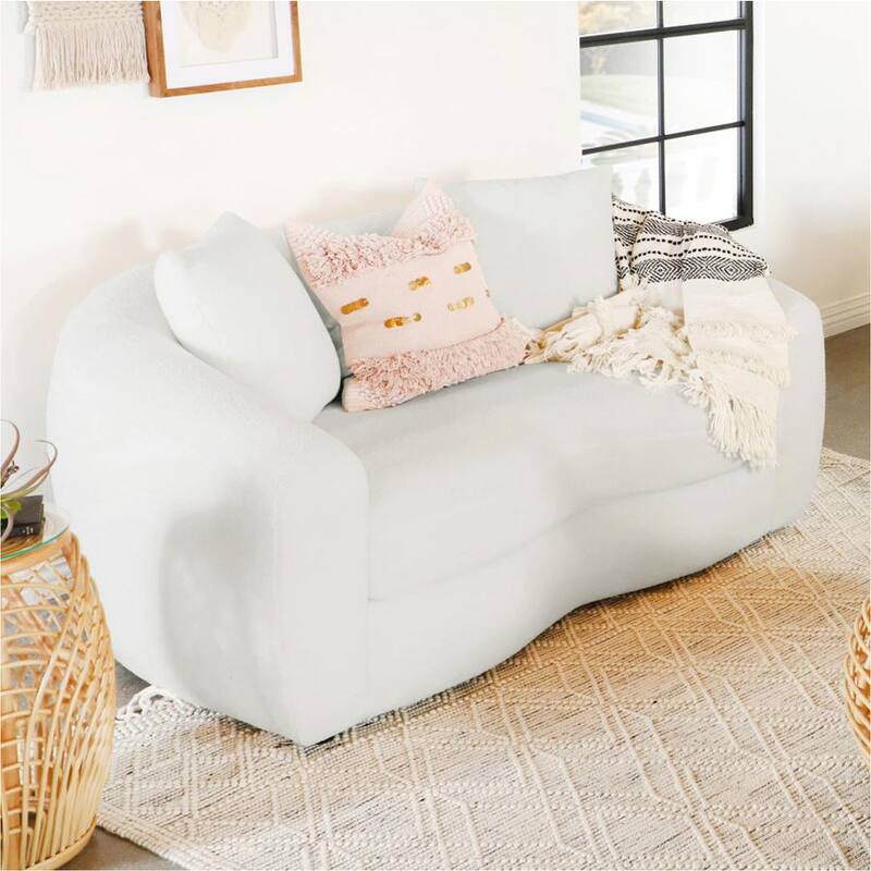 Fabric Upholstered Loveseat with Accent Pillows in Natural and Black