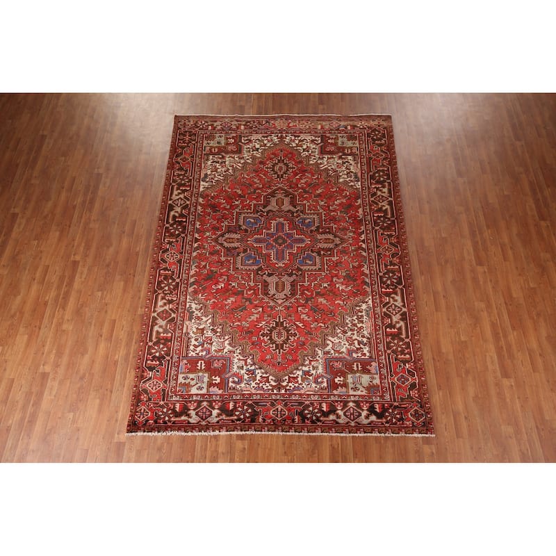Geometric Heriz Persian Vintage Area Rug Hand-Knotted Red Wool Carpet - 7'5"x 10'9"