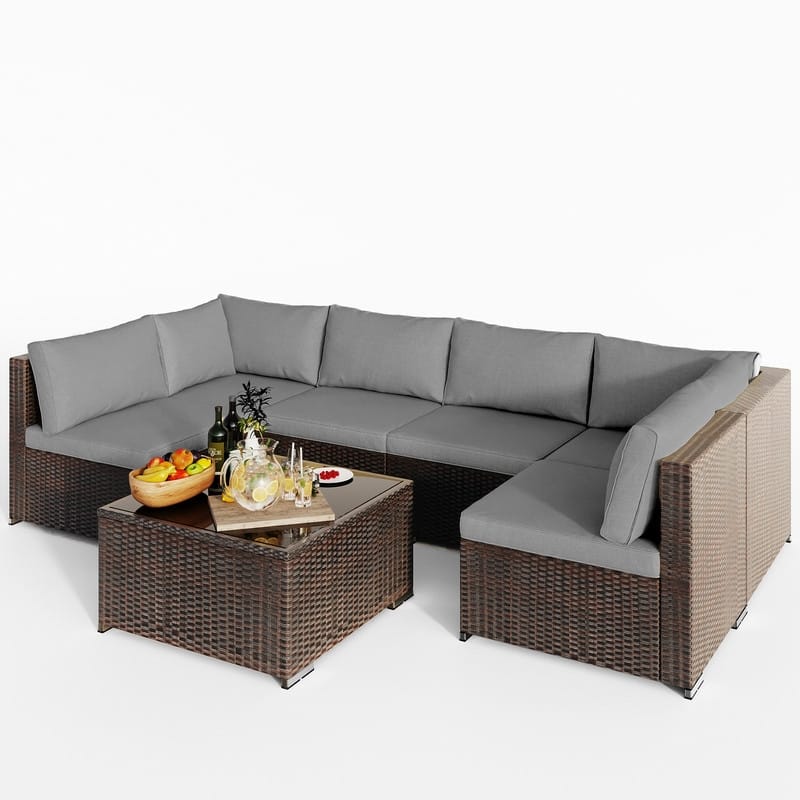 7-Pieces Outdoor PE Garden Furniture Wicker Rattan Patio Furniture Wicker Sectional Conversion Set