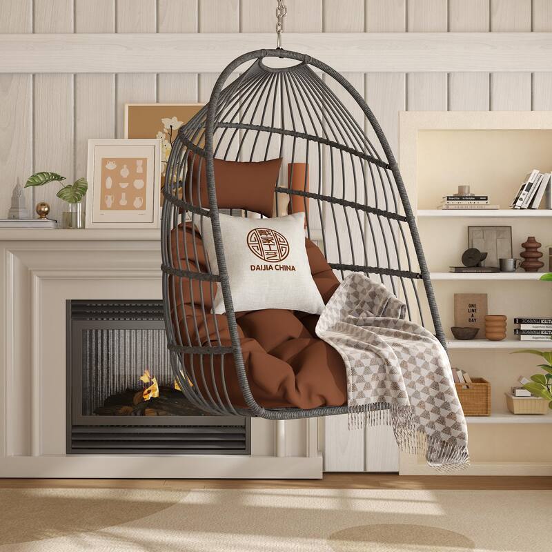 Hanging Chair PE Hanging Chair with Stainless Steel Suspension kit, Outdoor Garden Rattan Egg Swing Chair with Cushion