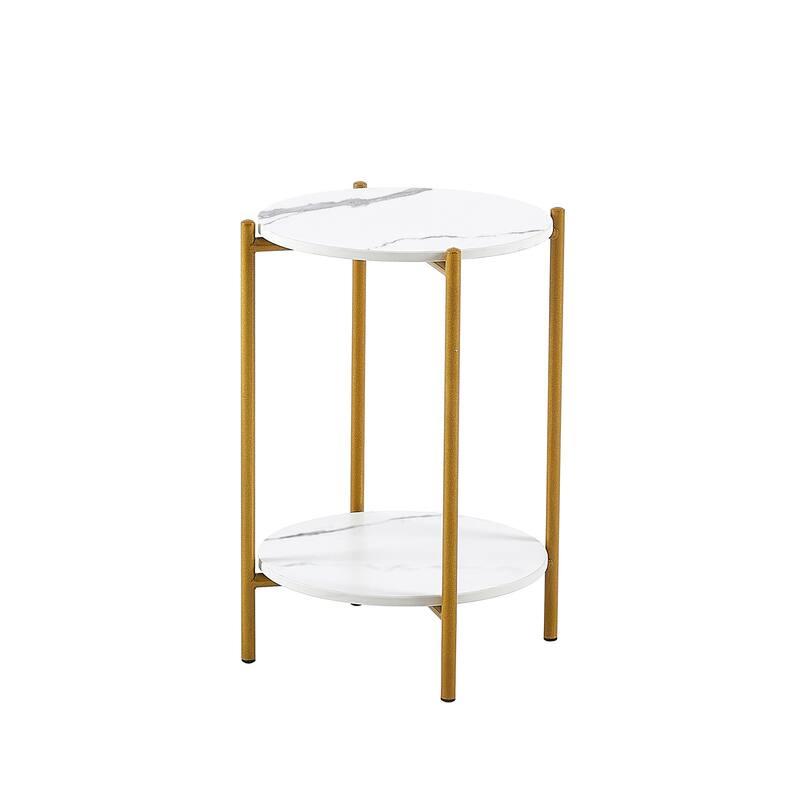 2-layer End Table with Whole Marble Tabletop, Round Coffee Table with Golden Metal Frame