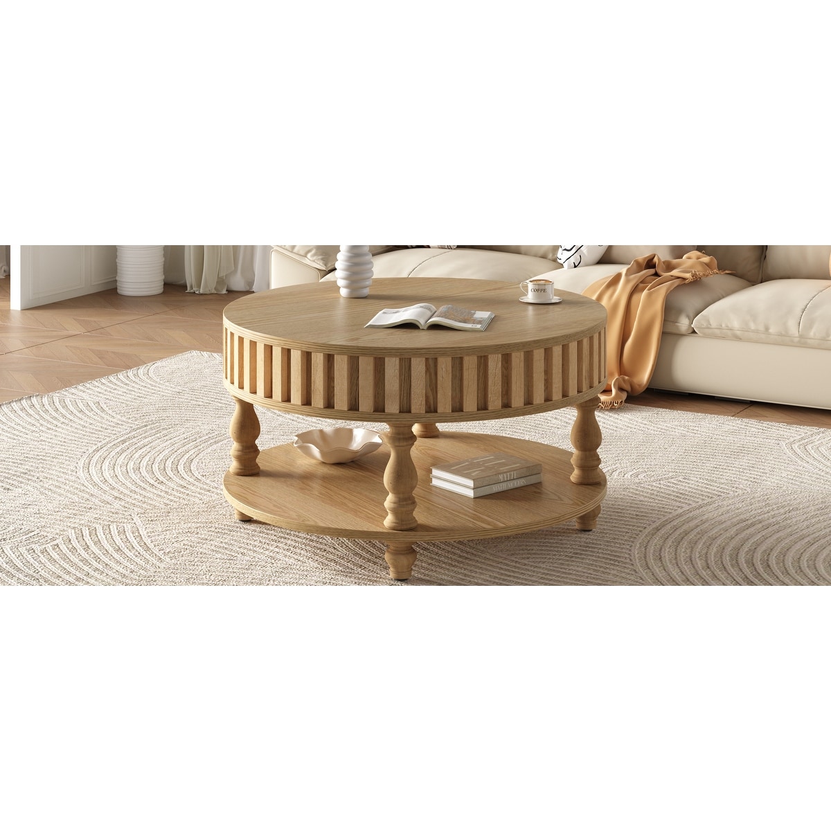 Modern Fluted Coffee Table with Storage, Black Finish Center Table