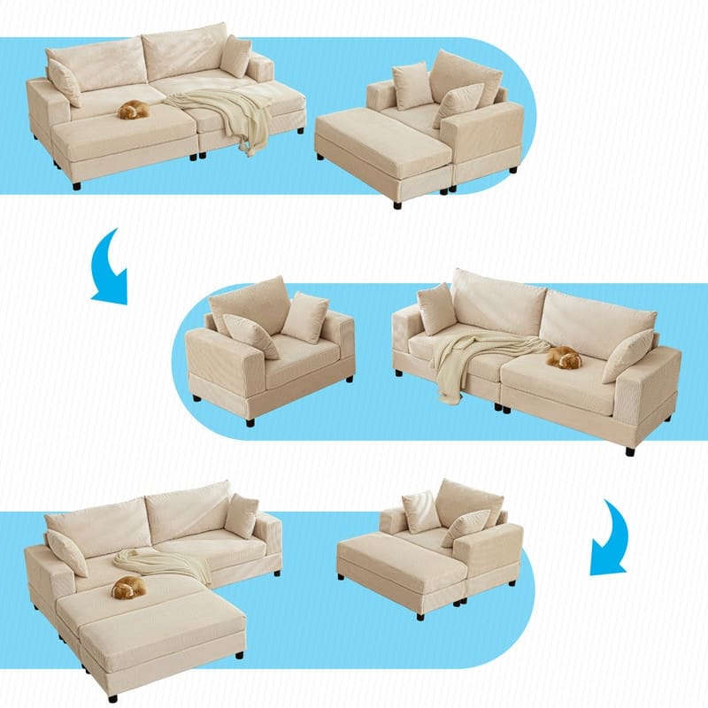 Mixoy Extra-Large Corduroy Upholstered Modular Sectional Sofa Set,Deep Seat Sleeper Chair with Ottoman - 2+1