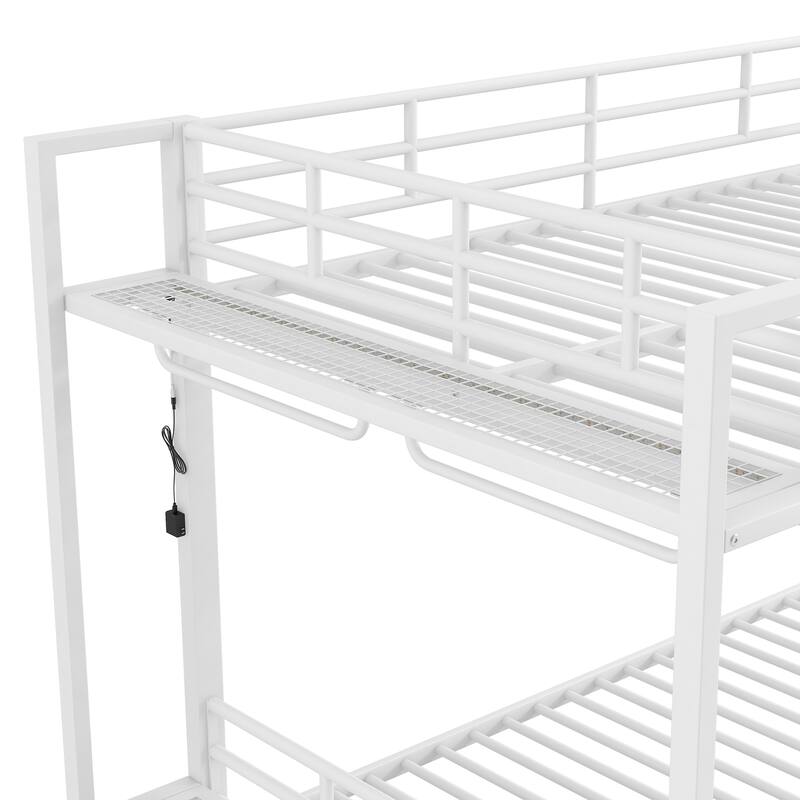 Full Over Full Size Bunk Bed with Storage Mesh Shelves and Clothes Hooks, LED Light - Metal Bed Frame with Metal Slat Support