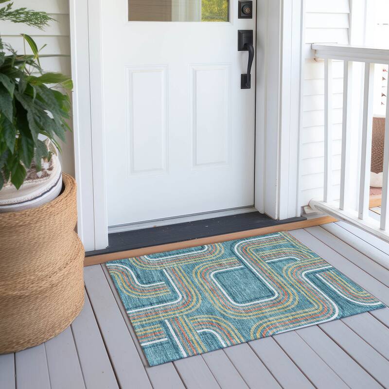 Machine Washable Indoor/ Outdoor Modern Leawood Chantille Rug - Teal - 1'8" x 2'6"