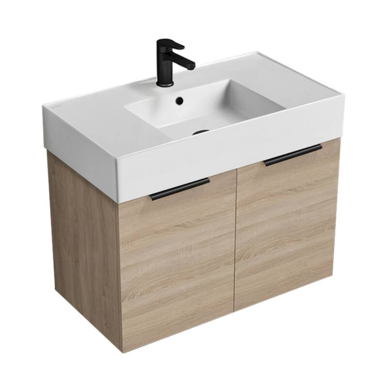 Nameeks Derin-3217-W-C Derin 32" Wall Mounted Single Basin Vanity Set - Brown Oak / Black - Natural Finish