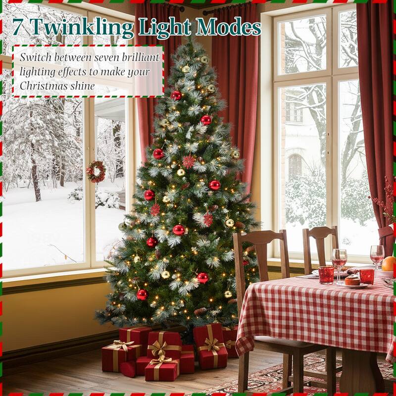 EROMMY 7.5ft Pre-lit Christmas Tree with 500 Lights, Snow-Flocked Artificial Tree with Pine Cones and Ornaments