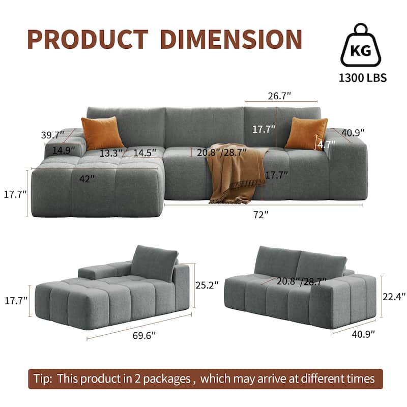 L-Shaped Modular Sectional Sofa with Chaise Lounge, Full Compression Deep Seat Sofa, Upholstered 3 Seater Sofa with 3 Pillows - Light Gray