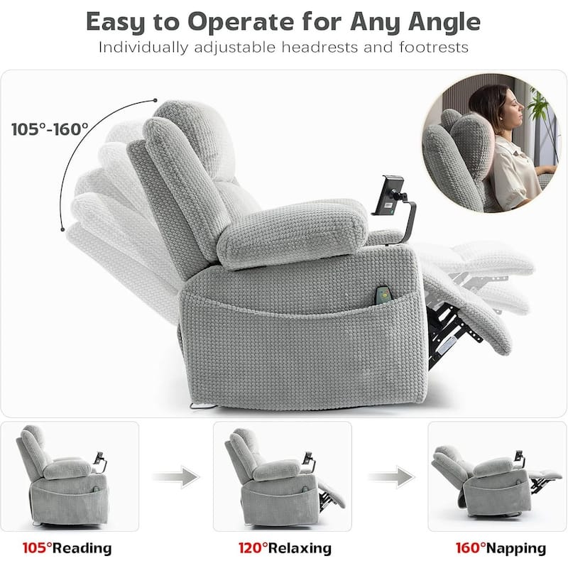 270° Swivel Velvet Recliner, Extra Wide Power Recliner Chair w/Heat Massage - USB & Type C Charging Port