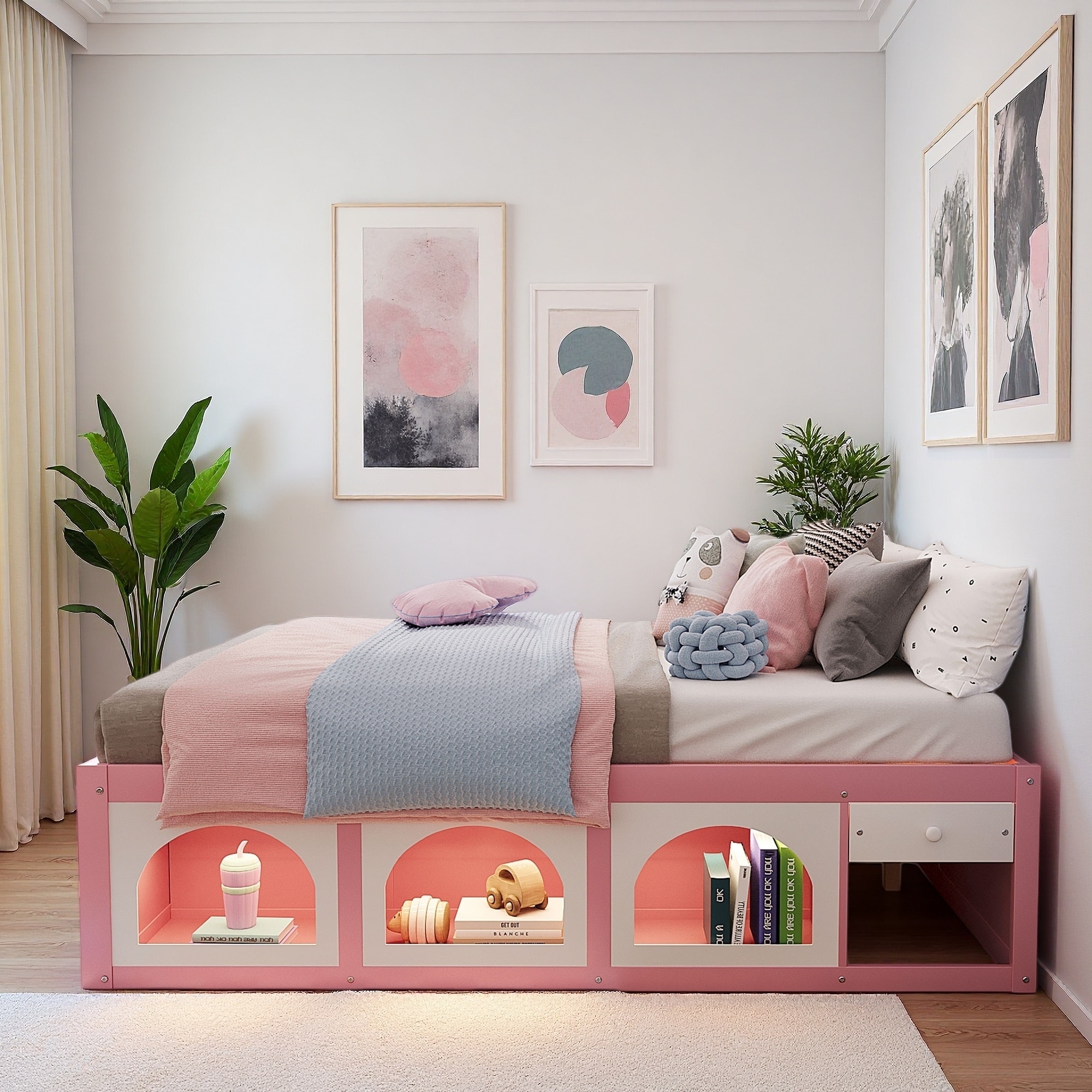 Wooden Platform Bed with Bookshelf and LED Light