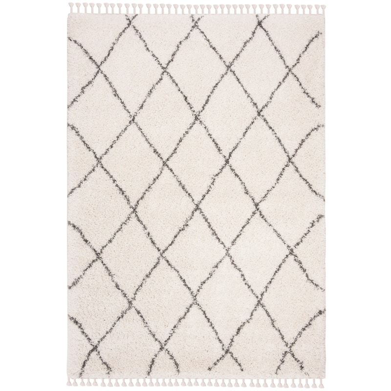 SAFAVIEH Moroccan Fringe Shag Leoma 2-inch Thick Rug - 4' x 6' - Ivory/Grey