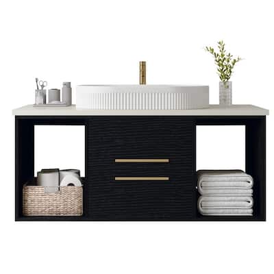 Contemporary 39.4" Wall-Hung Vanity – Oval Ceramic Sink, Silent Soft-Close Drawers & Airy Open Storage in Solid Wood.